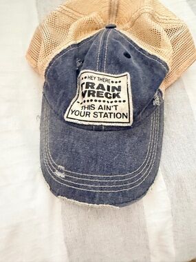 Trainwreck Patch Distressed Mesh Trucker Hat - Navy & Tan